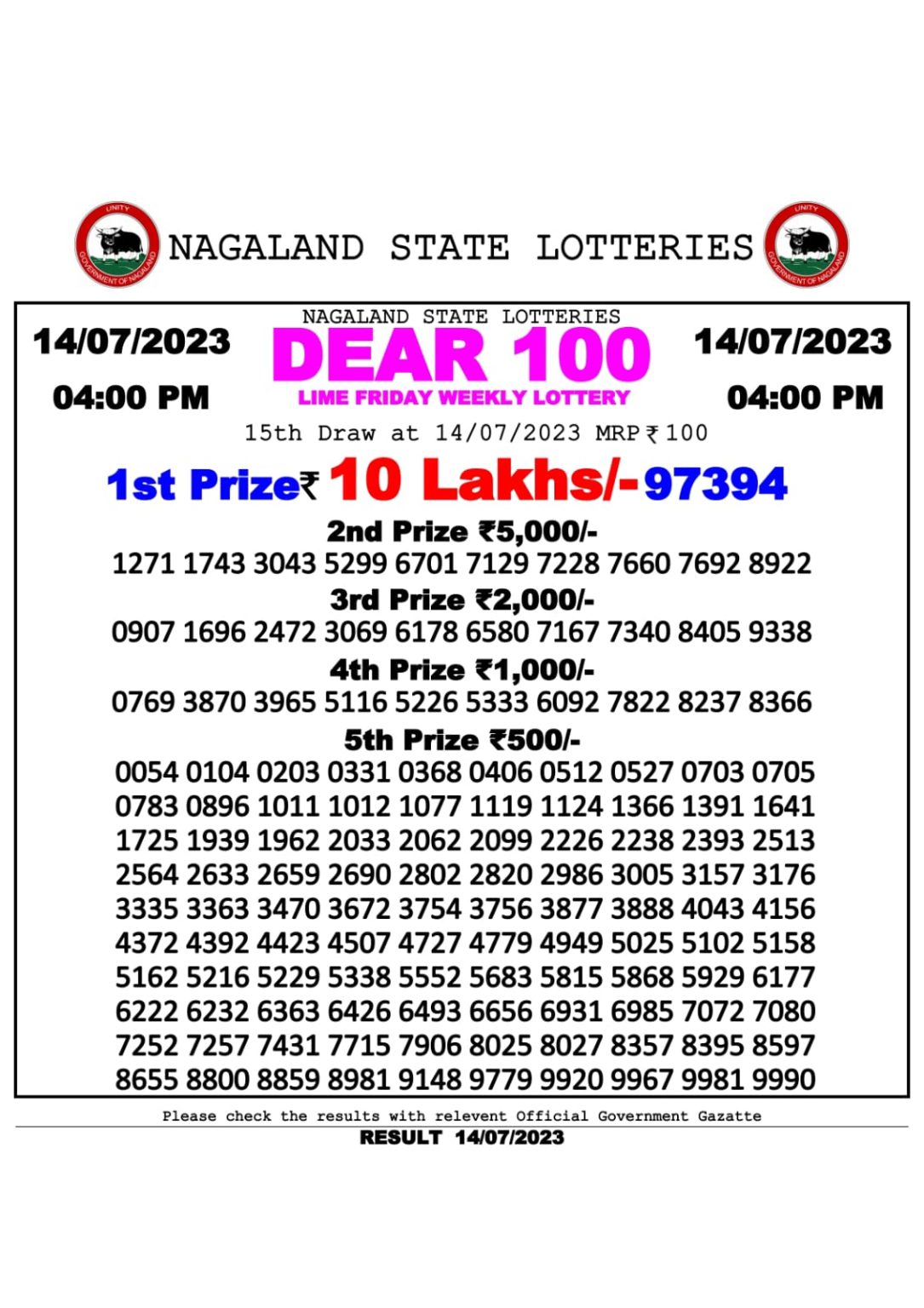 Lottery Result Today July 14, 2023