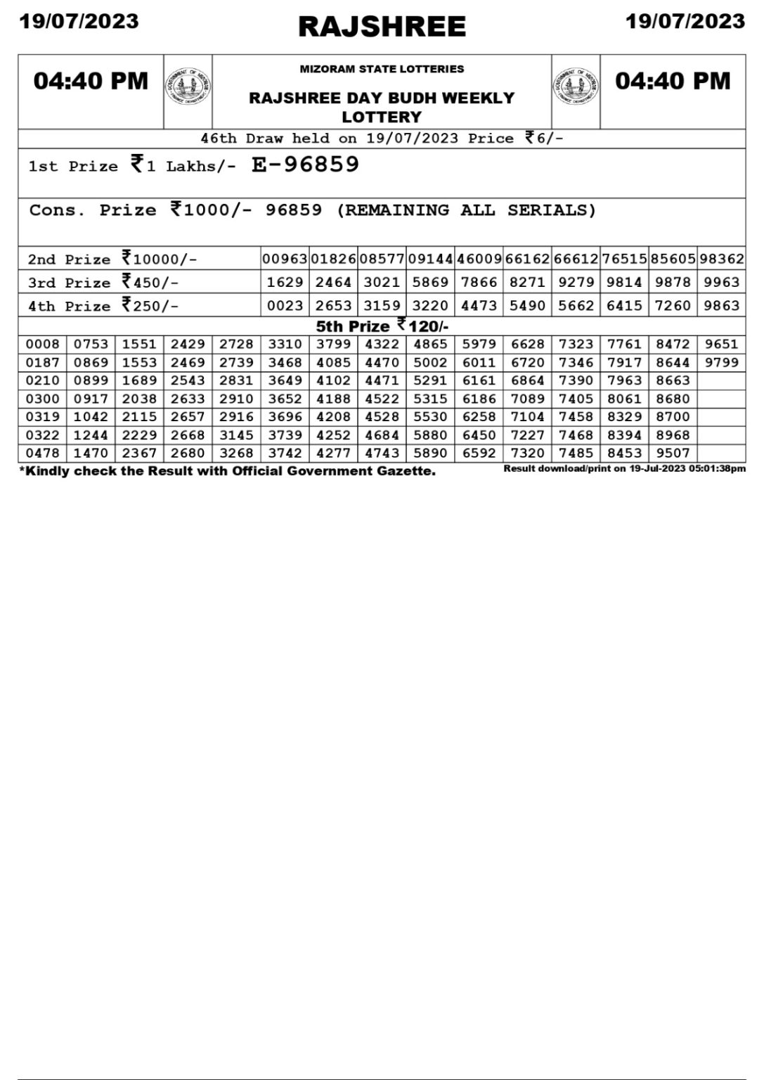 Lottery Result Today July 19, 2023