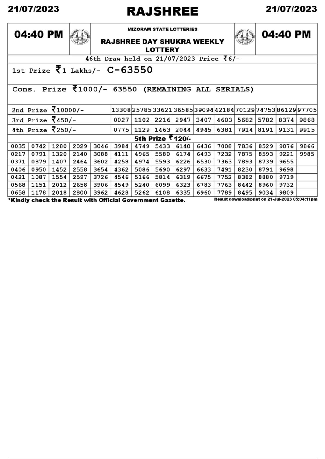Lottery Result Today July 21, 2023