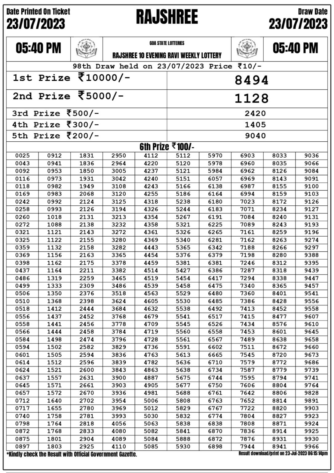 Lottery Result Today July 23, 2023