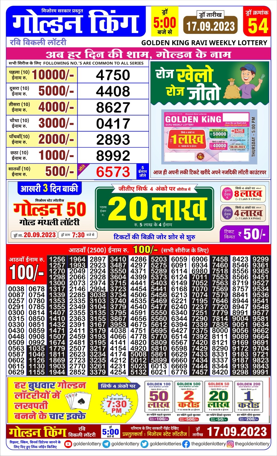 Lottery Result Today September 17, 2023