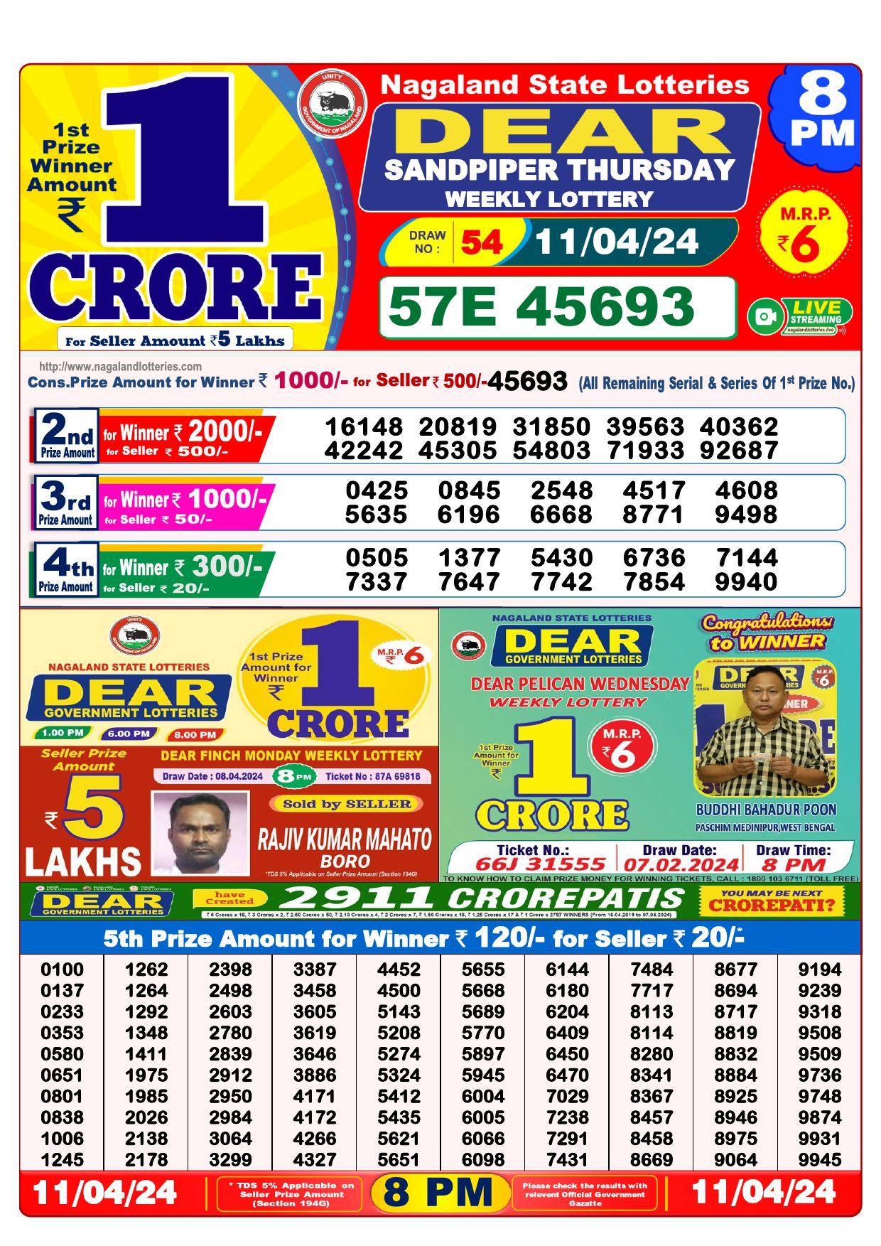 Lottery Result Today April 11, 2024
