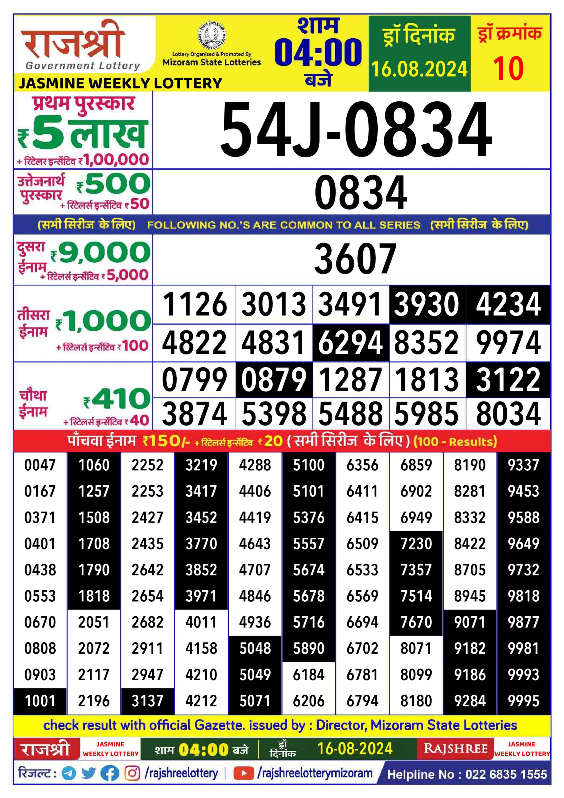 Lottery Result Today August 16, 2024