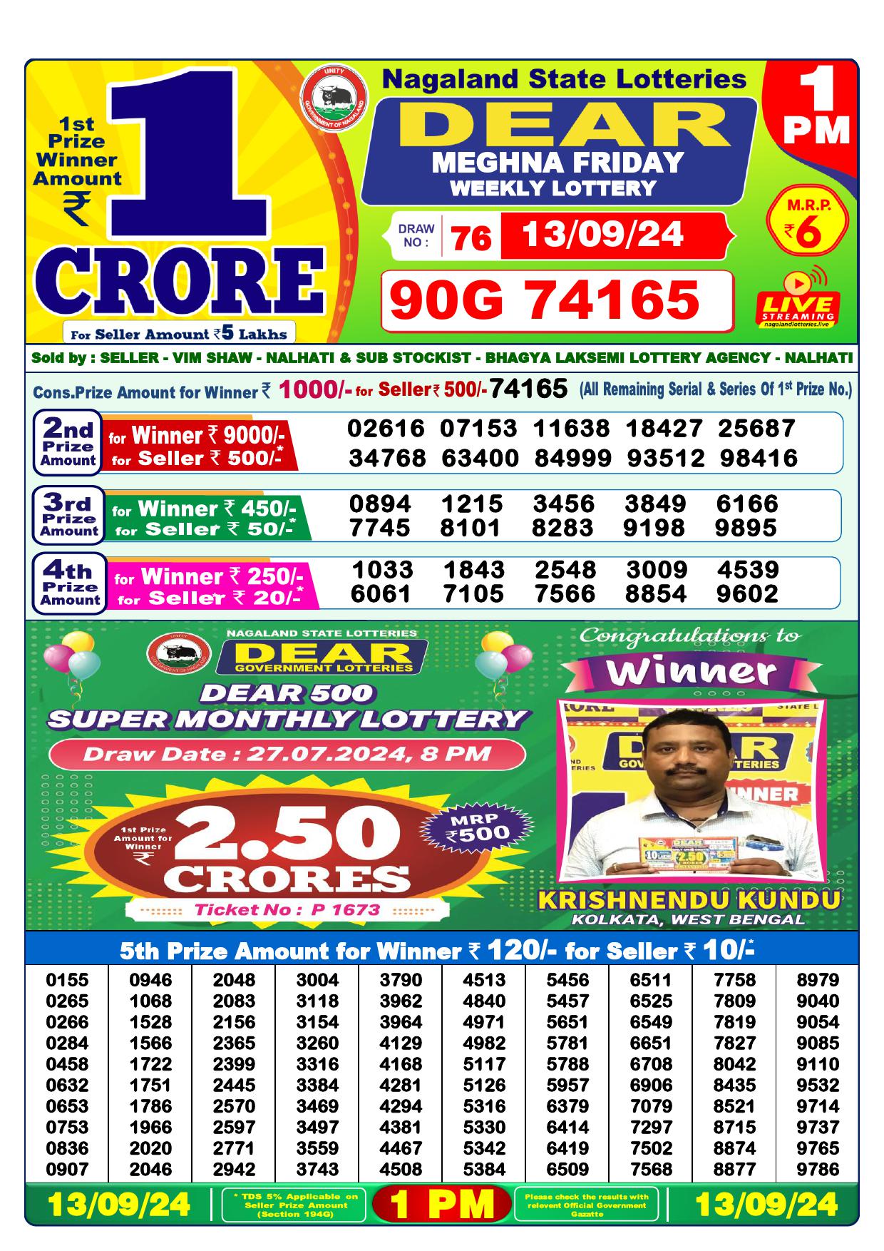 Lottery Result Today September 13, 2024
