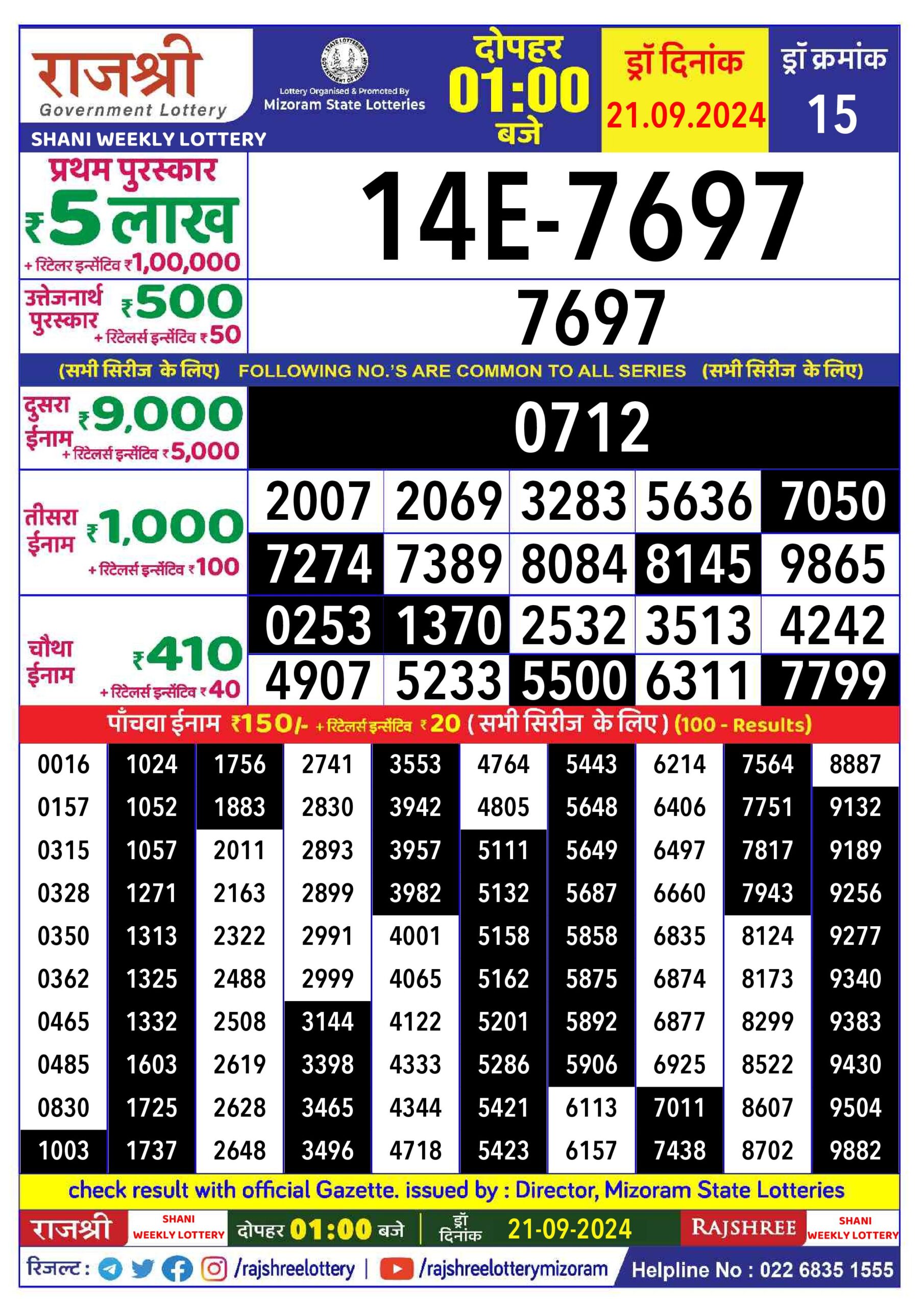 Lottery Result Today September 21, 2024