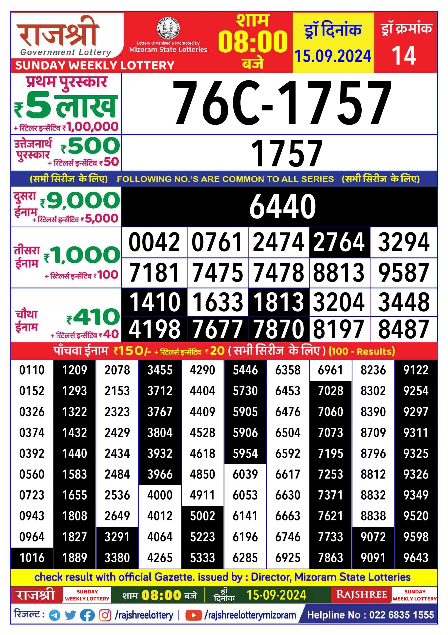 Lottery Result Today September 15, 2024