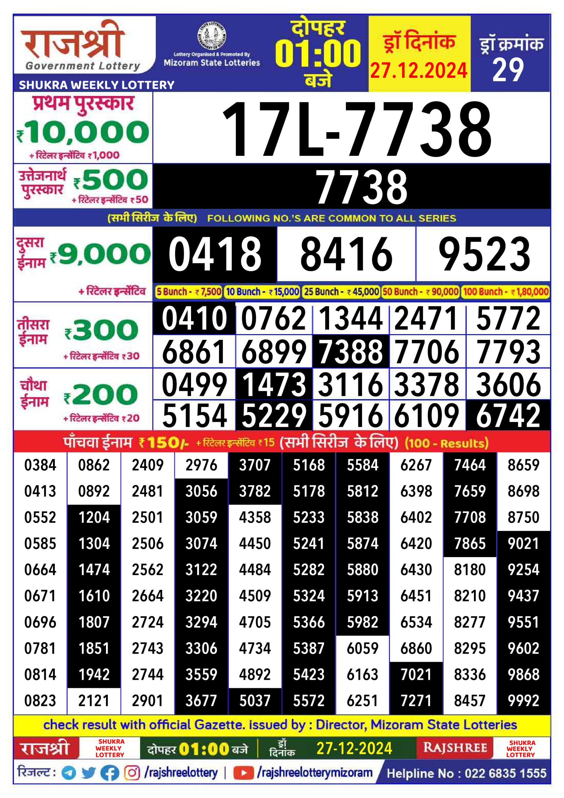 Lottery Result Today December 27, 2024