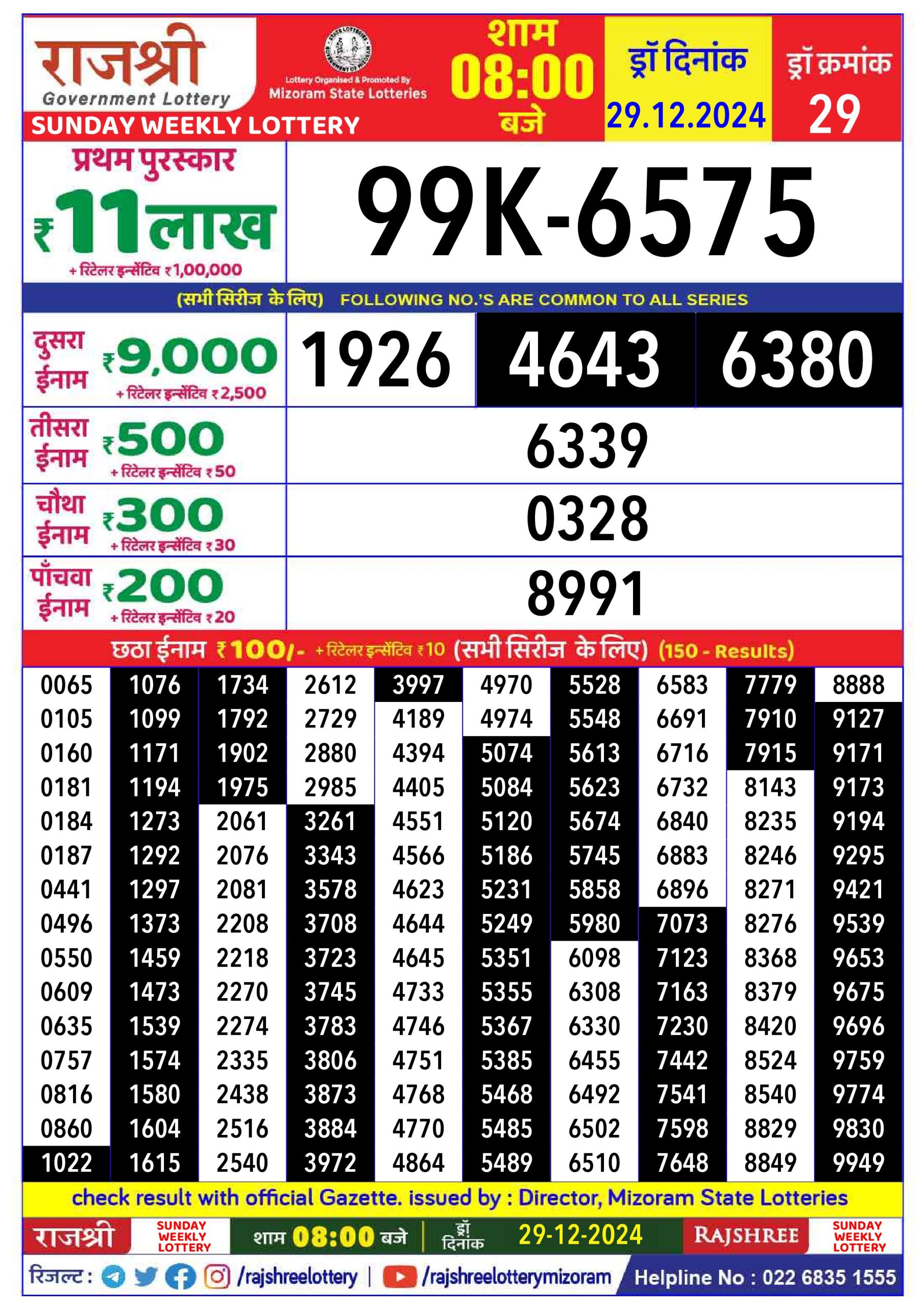Lottery Result Today December 29, 2024