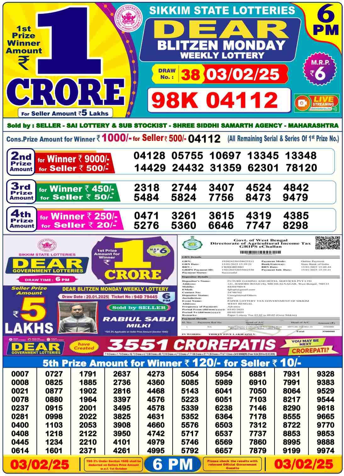 Lottery Result Today February 3, 2025