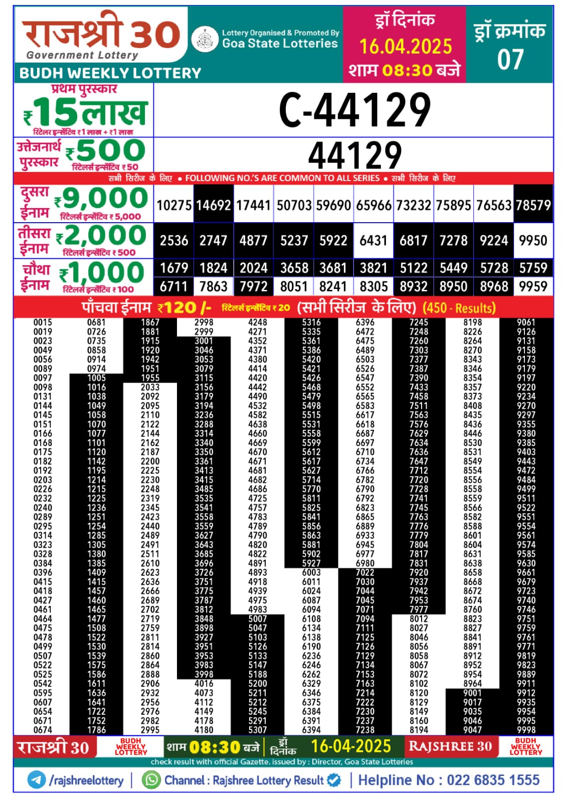 Lottery Result Today April 16, 2025
