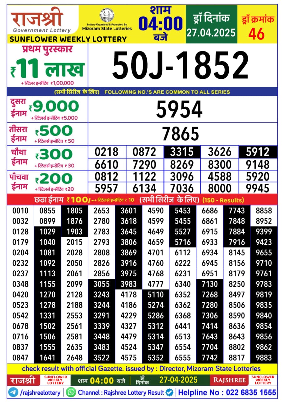 Lottery Result Today April 27, 2025