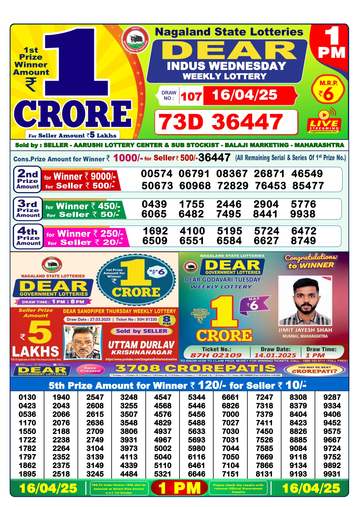 Lottery Result Today April 16, 2025