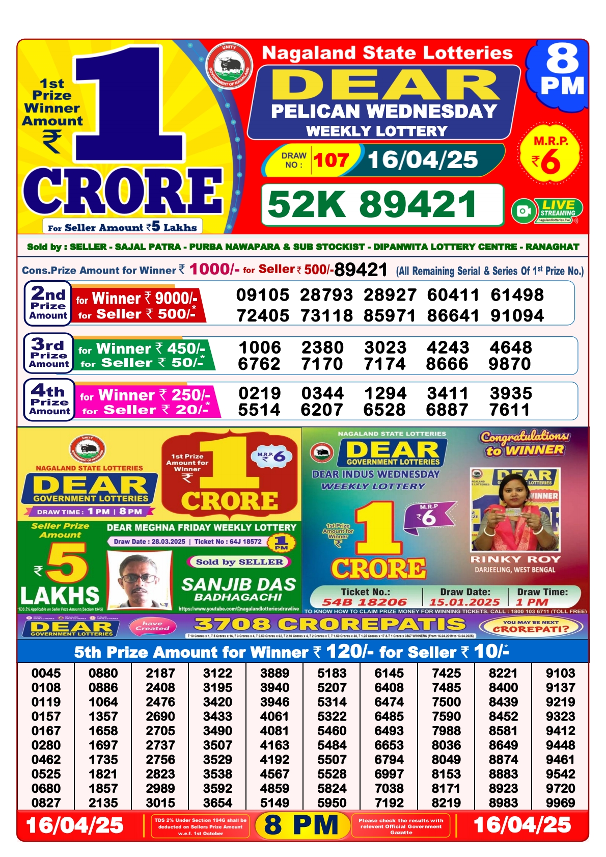 Lottery Result Today April 16, 2025