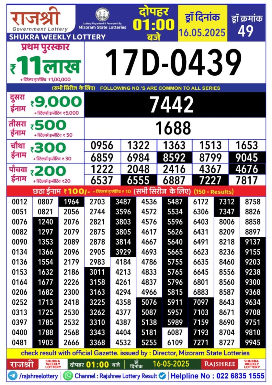 Lottery Result Today May 16, 2025
