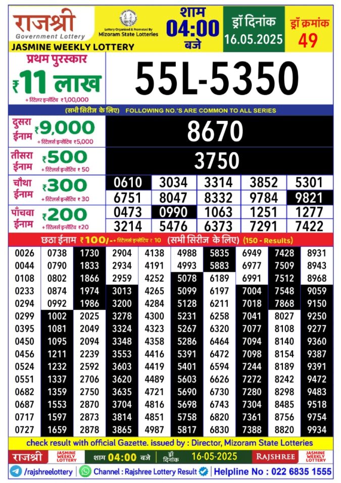 Lottery Result Today May 16, 2025