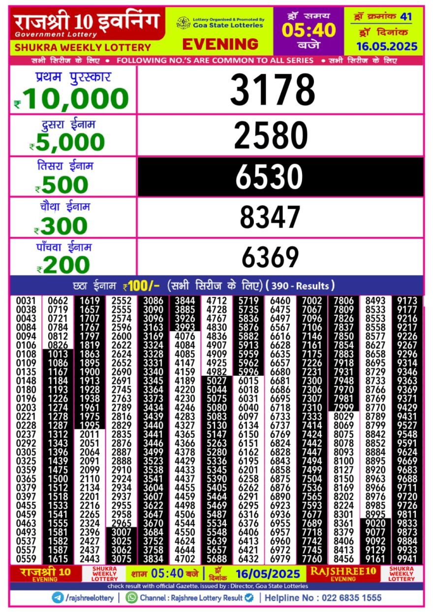 Lottery Result Today May 16, 2025