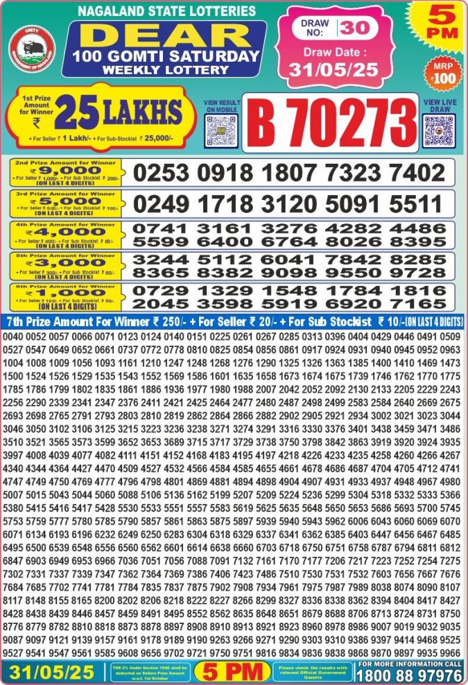 Lottery Result Today May 31, 2025