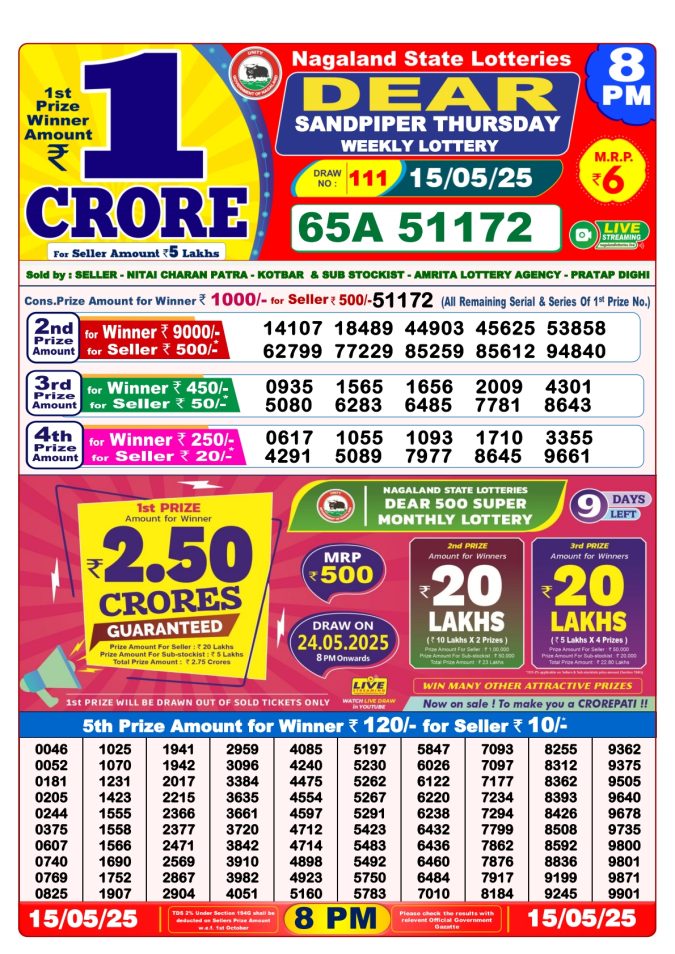 Lottery Result Today May 15, 2025