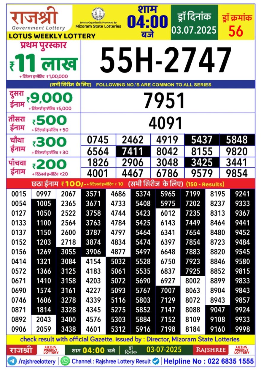 Lottery Result Today July 3, 2025