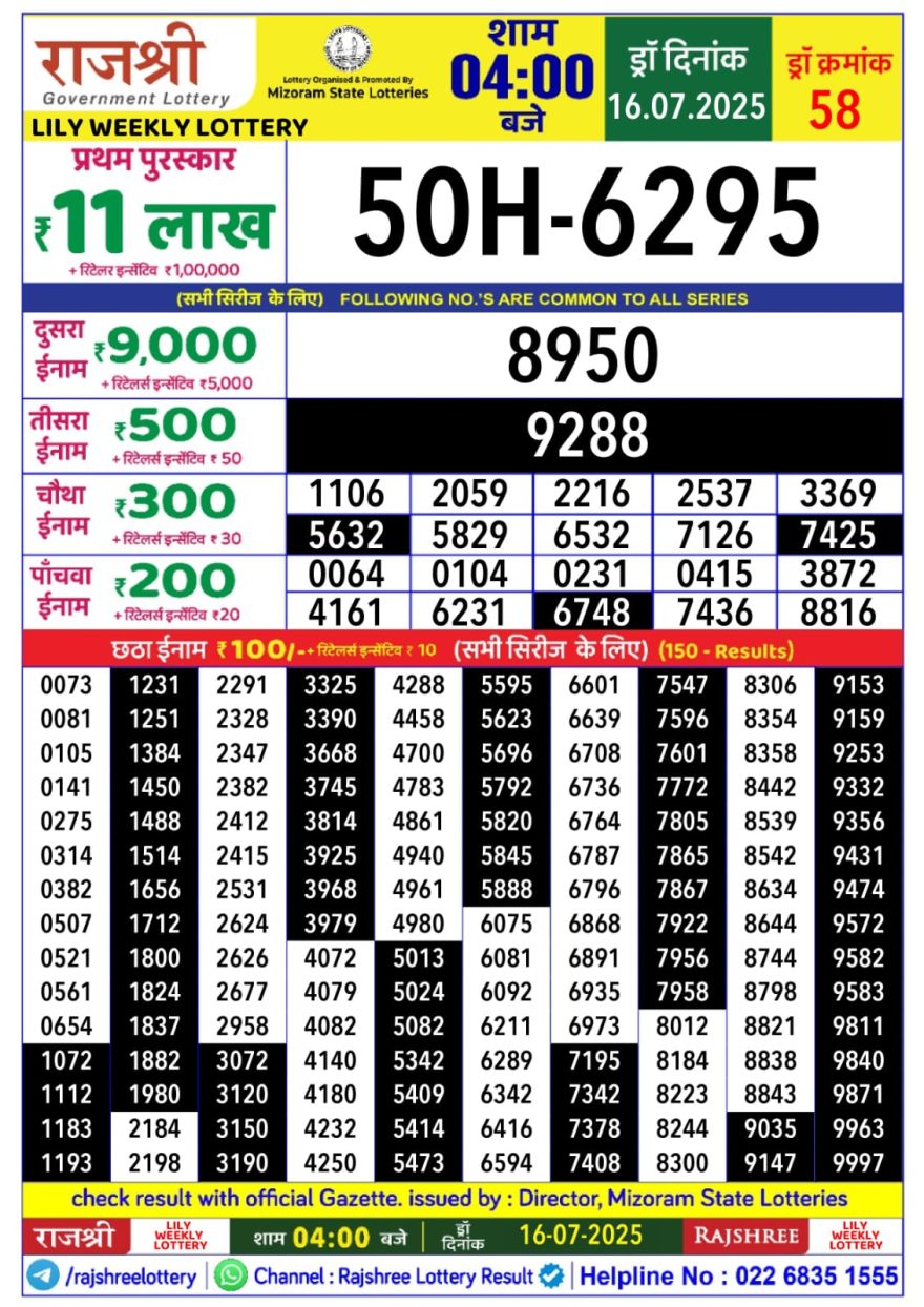 Lottery Result Today July 16, 2025