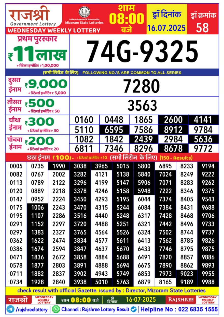 Lottery Result Today July 16, 2025