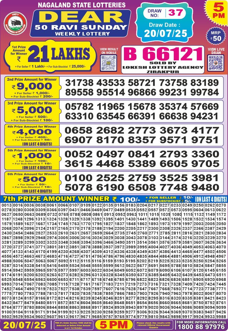 Lottery Result Today July 20, 2025