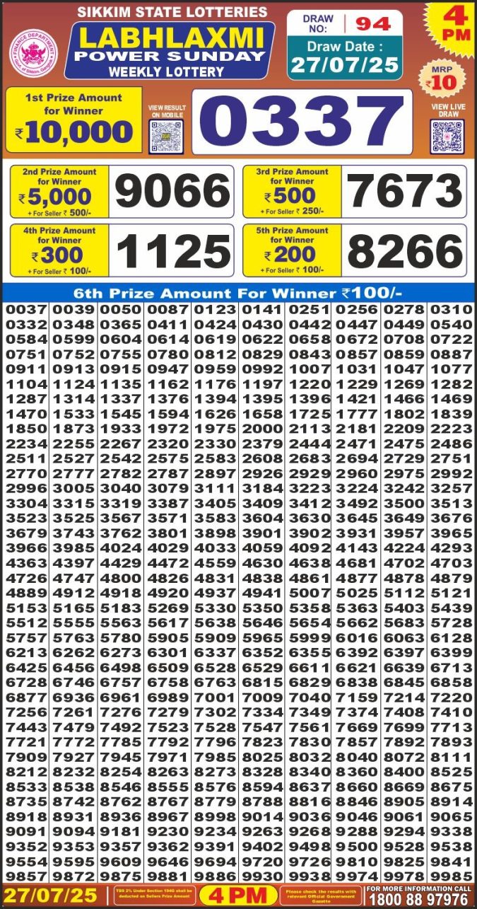 Lottery Result Today July 27, 2025