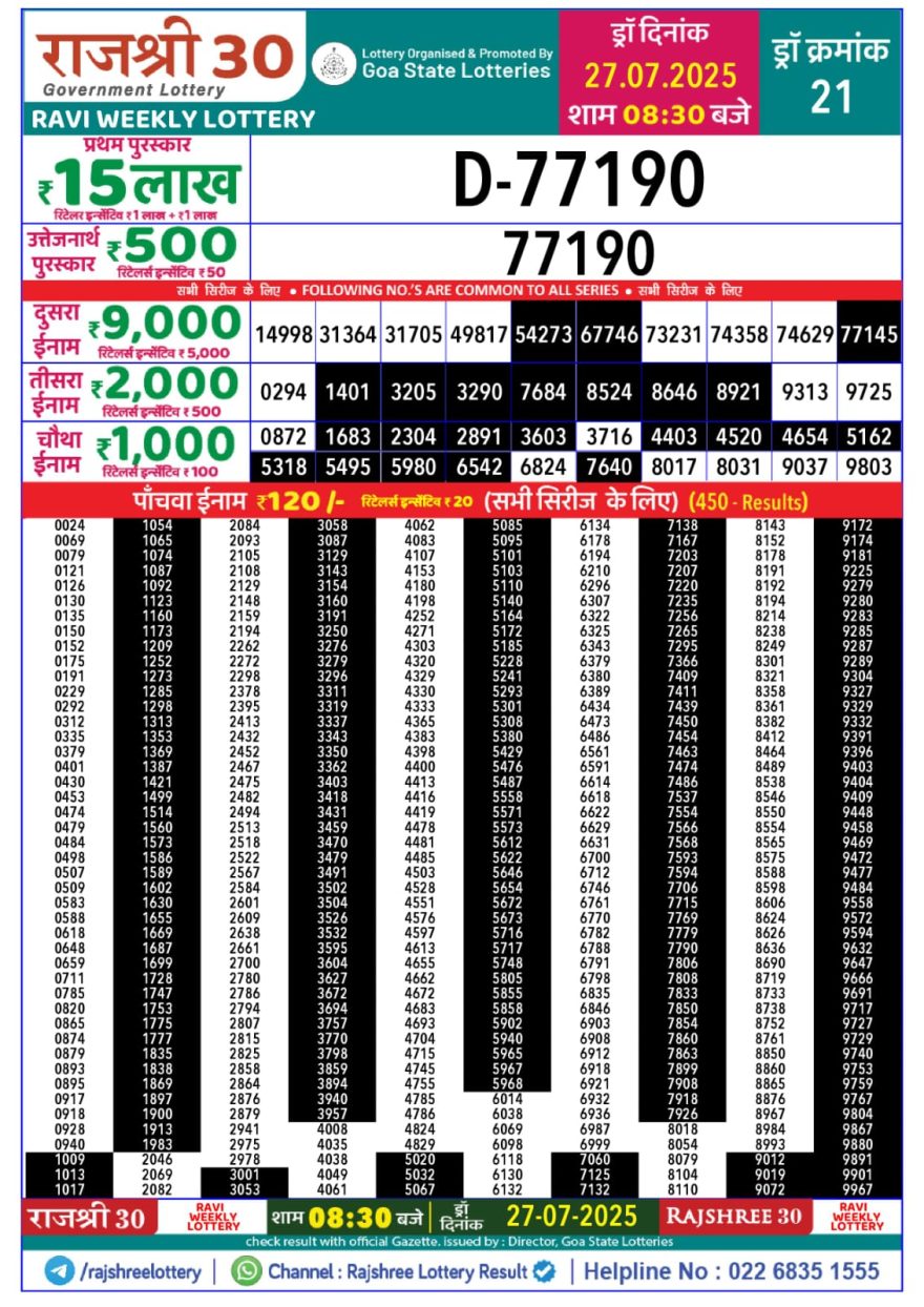 Lottery Result Today July 27, 2025