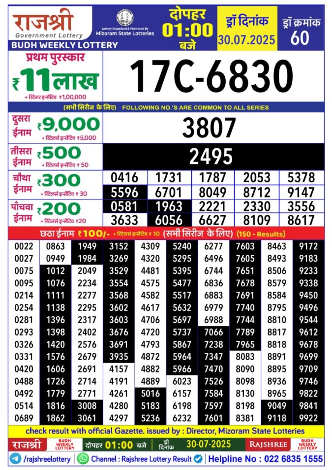 Lottery Result Today July 30, 2025