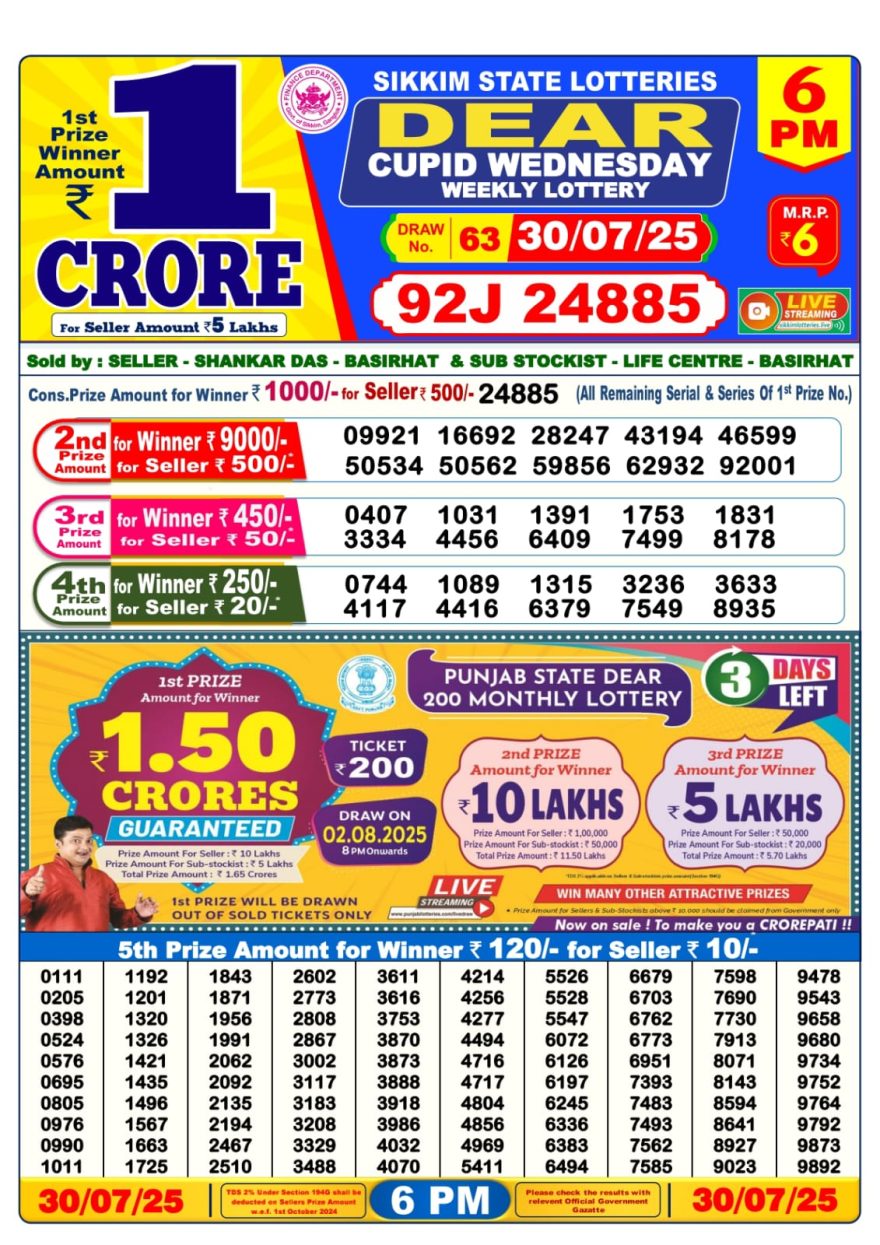 Lottery Result Today July 30, 2025