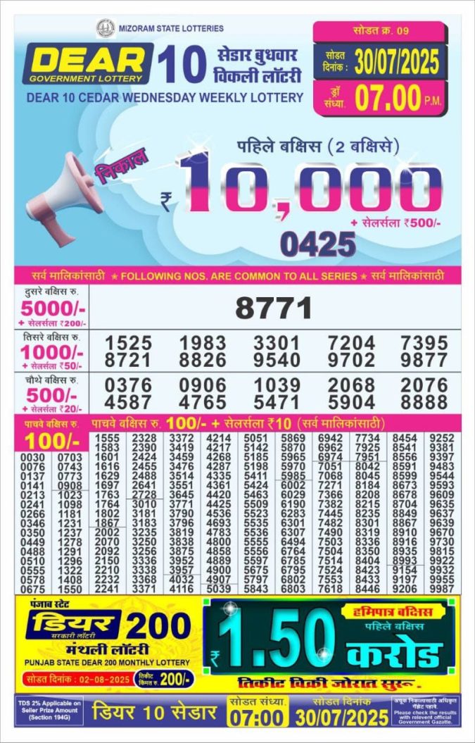 Lottery Result Today July 30, 2025