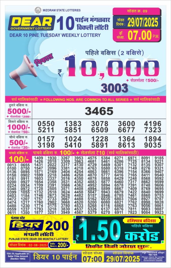 Lottery Result Today July 29, 2025
