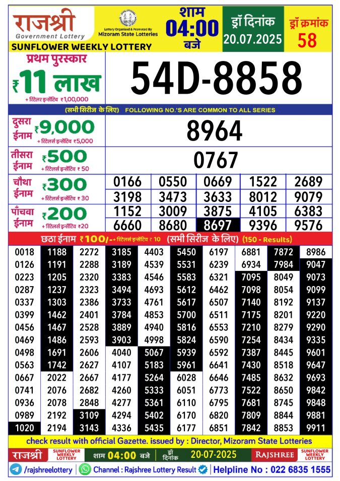 Lottery Result Today July 20, 2025