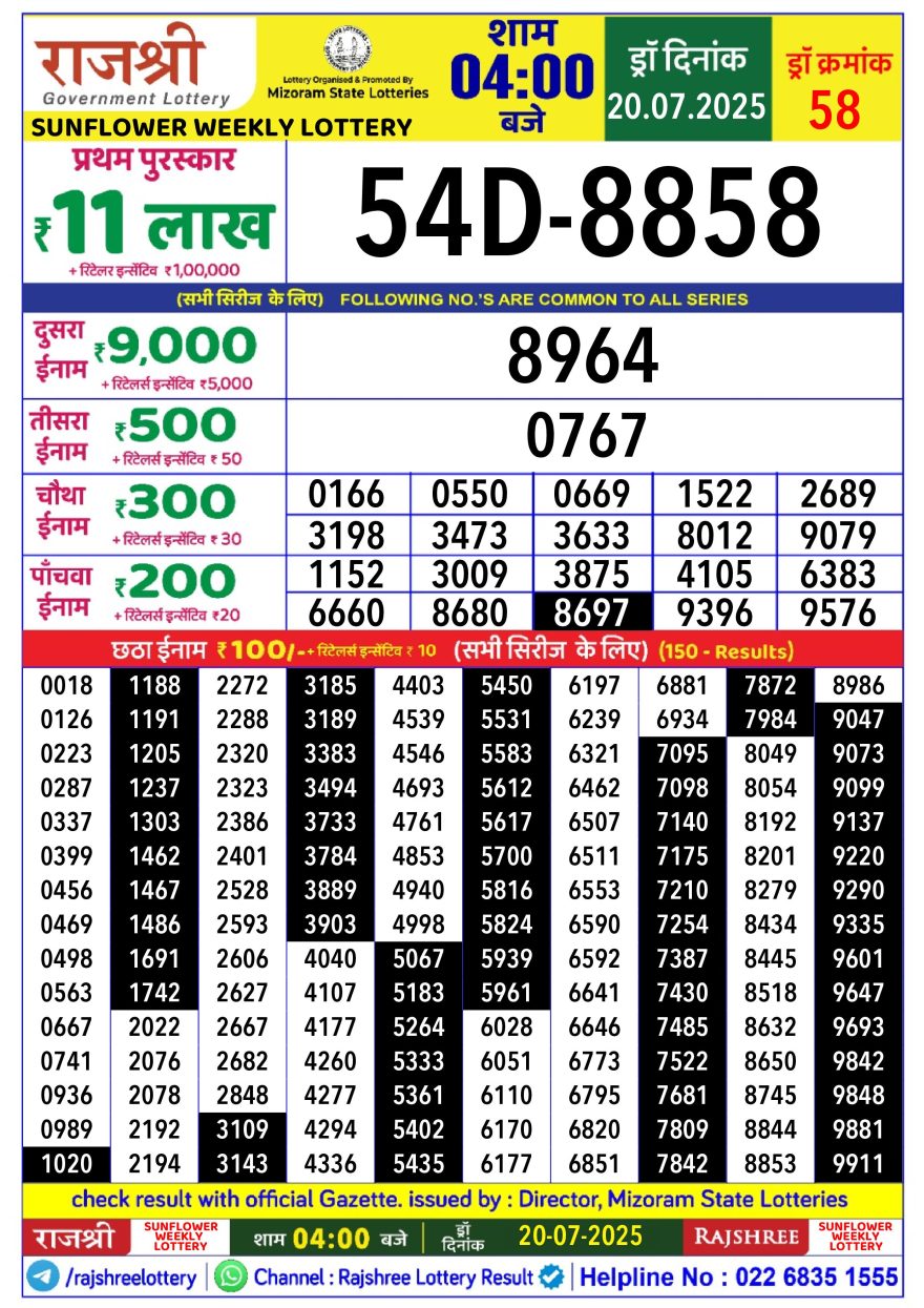 Lottery Result Today July 20, 2025