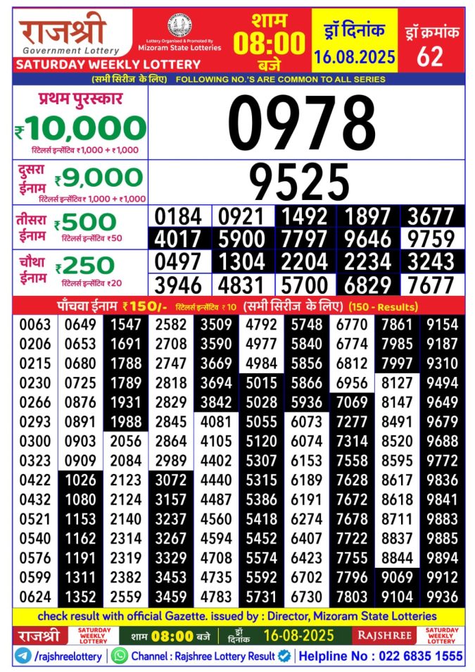 Lottery Result Today August 16, 2025