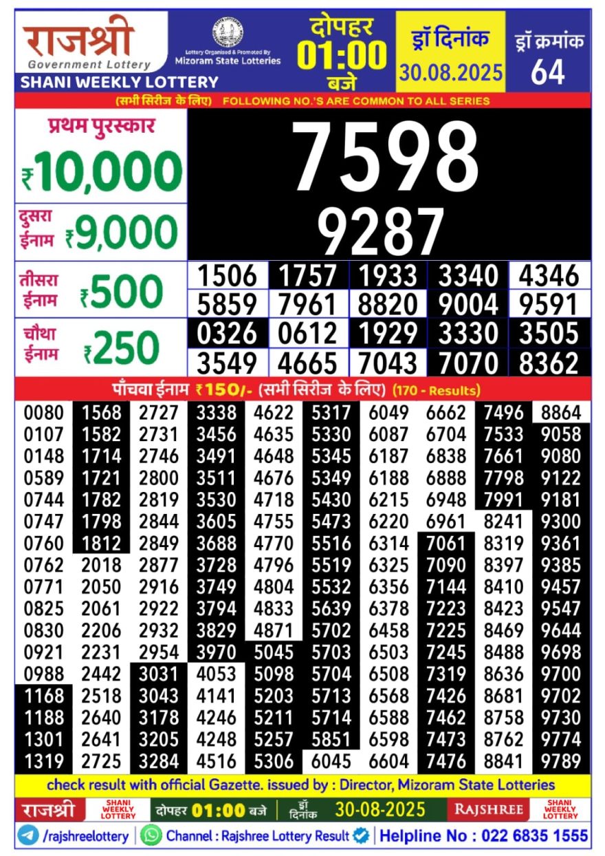 Lottery Result Today August 30, 2025