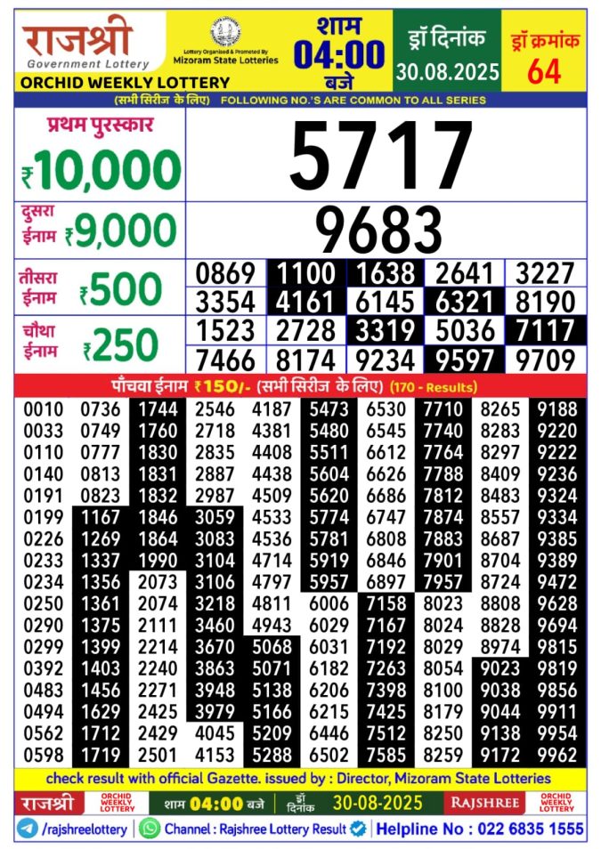 Lottery Result Today August 30, 2025