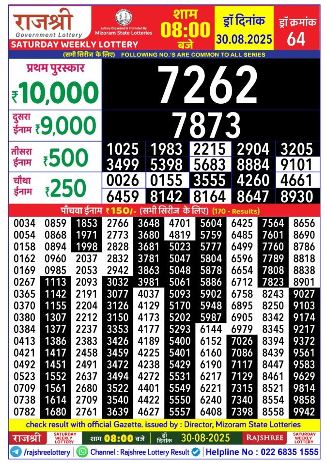 Lottery Result Today August 30, 2025