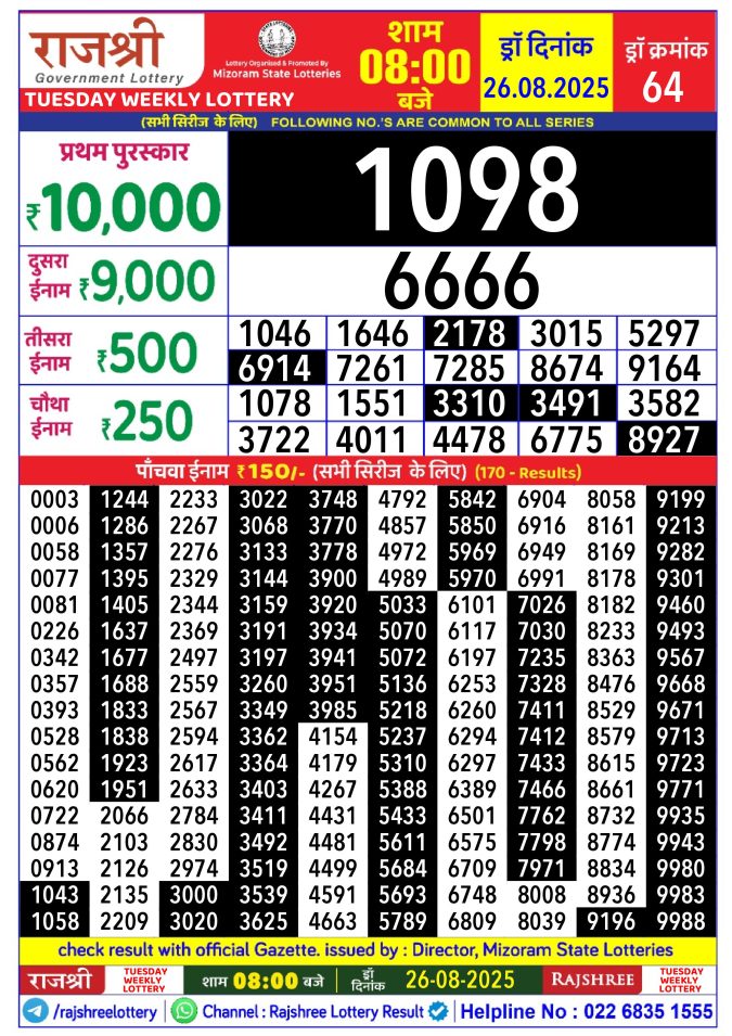 Lottery Result Today August 26, 2025