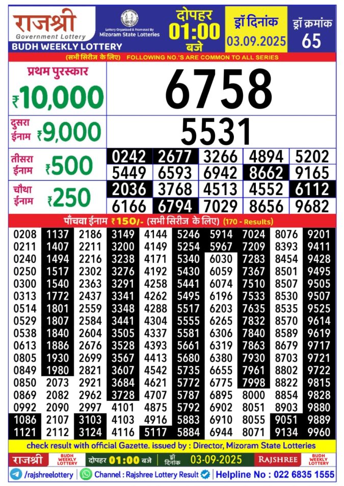 Lottery Result Today September 3, 2025