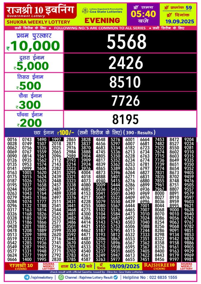 Rajshree 10 Evening Lottery 5.40 PM 19.09.2025 Lottery Result Today September 19, 2025