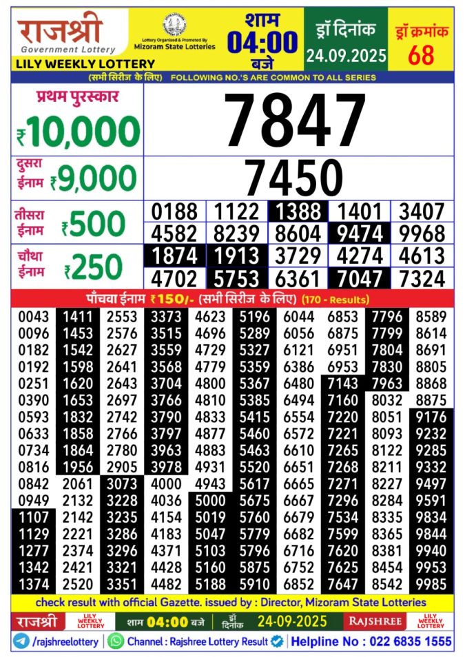 Rajshree Lottery 4:00 PM Result 24.09.2025 Lottery Result Today September 24, 2025