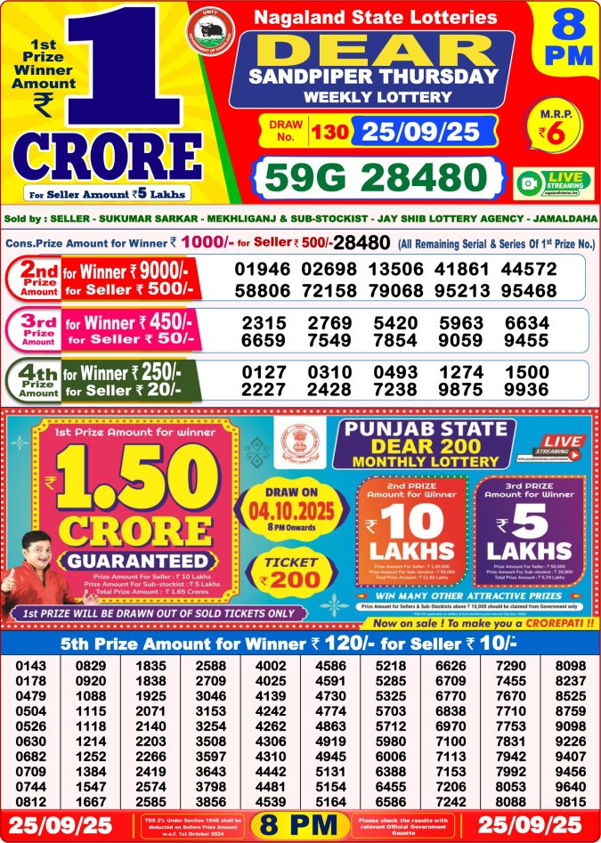 Dear Lottery Sambad 8PM Result Live 25.09.2025 Lottery Result Today September 25, 2025