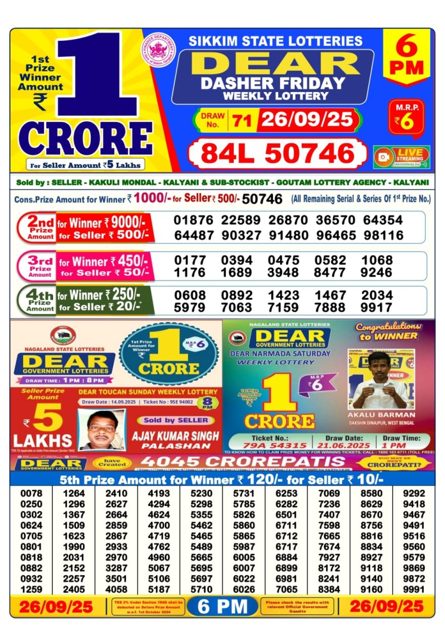 Lottery Result Today September 26, 2025