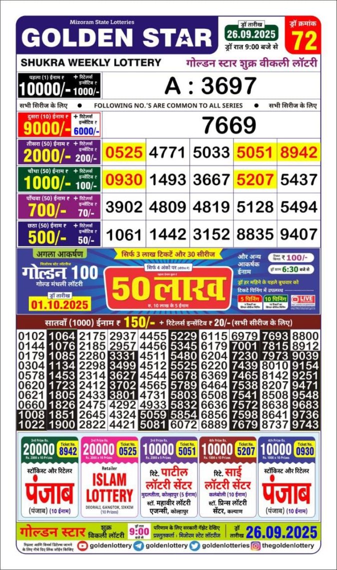 Golden Star Lottery 9pm Result 26.09.2025 Lottery Result Today September 26, 2025