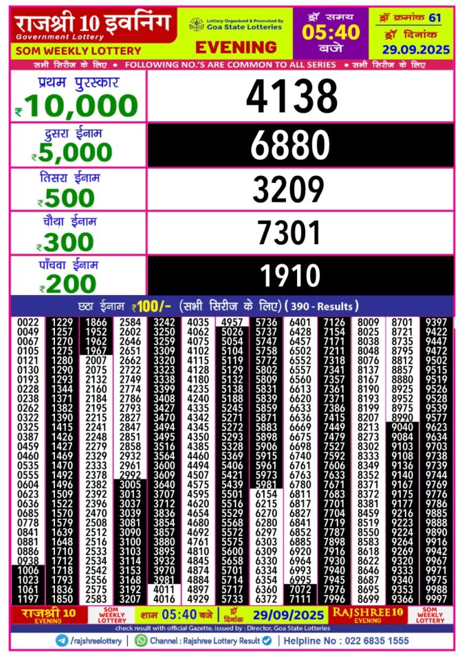 Rajshree 10 Evening Lottery 5.40 PM 29.09.2025 Lottery Result Today September 29, 2025