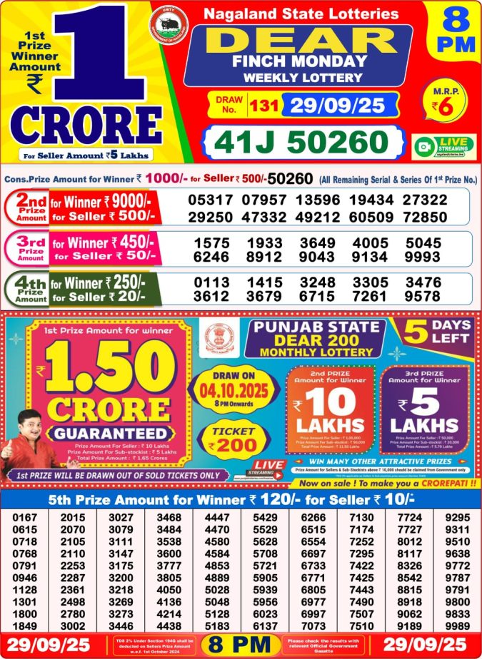 Dear Lottery Sambad 8PM Result Live 29.09.2025 Lottery Result Today September 29, 2025