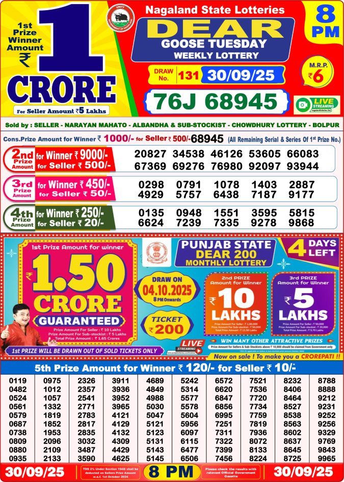 Dear Lottery Sambad 8PM Result Live 30.09.2025 Lottery Result Today September 30, 2025