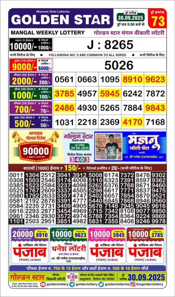 Golden Star Lottery 9pm Result 30.09.2025 Lottery Result Today September 30, 2025