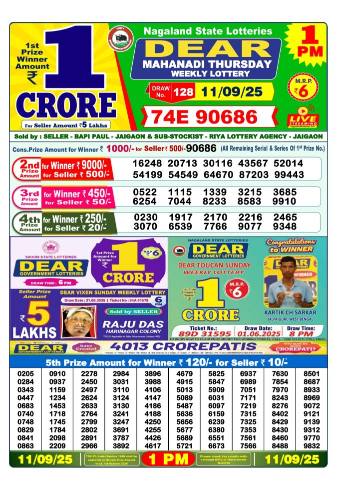 Lottery Result Today September 11, 2025